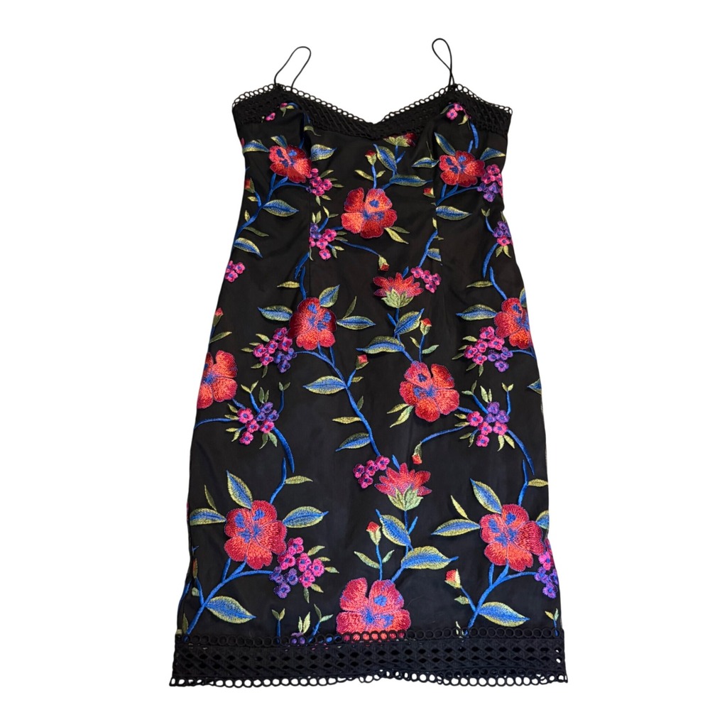 Aidan Mattox Floral Embroidered Midi Dress Womens Small Black Crochet Lace Trim
